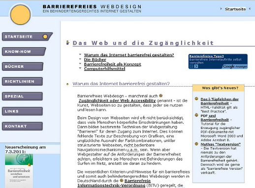 Bildschirmfoto: Layout von www.barrierefreies-webdesign.de aus 2003