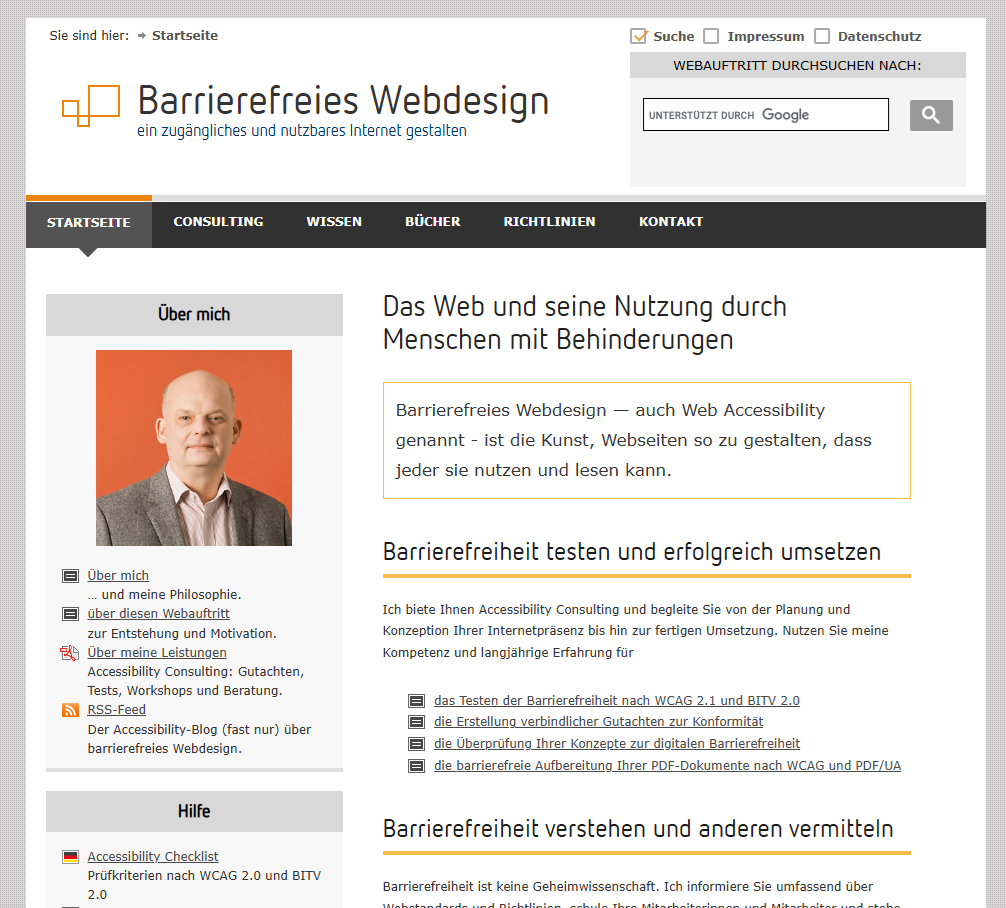 Bildschirmfoto: Layout von www.barrierefreies-webdesign.de aus 2011