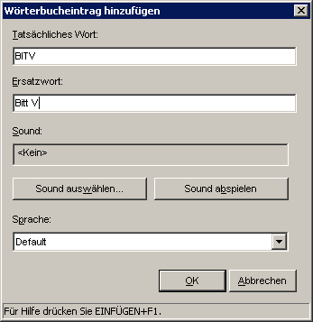 Wörterbuchmanager in JAWS 6.1