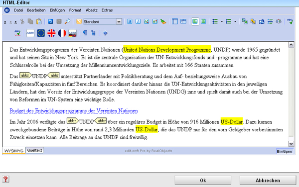 Text im Editor mit Hervorhebungen