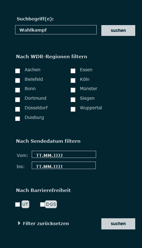 Ein Formular mit Eingabefeld, Such-Button, weitere Optionen und einen weiteren Such-Button