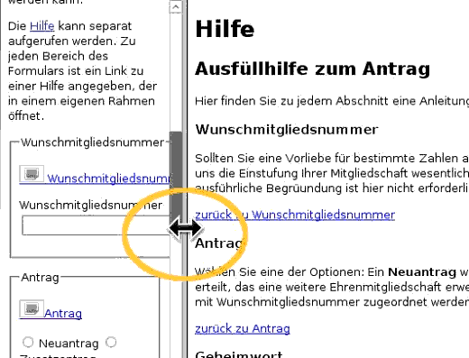 Bildschirmfoto: Mausaktion zur Framevergrößerung. Hervorgehoben ist der Mauszeiger.