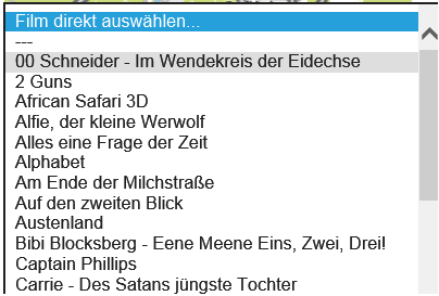 Eine ausgeklappte Auswahlliste mit Filmtiteln