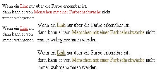 Text mit einem rot-unterstrichenen Link und einem rot und nicht unterstrichenen Text in Farb- und Schwarz-weiß-Darstellung