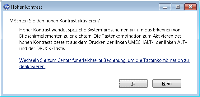 Windows-Dialogfenster zum Einschalten des Kontrastmodus