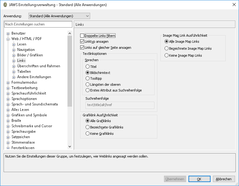 Dialogfenster in JAWS 2018: Option 'Doppelte Links filtern'.