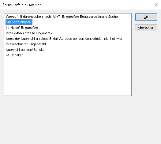 Liste der Formularelemente auf einer Webseite