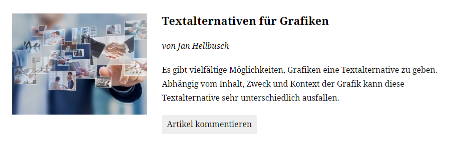 Screenshot eines typischen Teasers: links ein Bild und rechts eine Überschrift, eine kurze Beschreibung und ein Link.