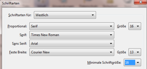 Einstellungen zur Schriftart, die minimale Schriftgröße ist auf 16px gesetzt