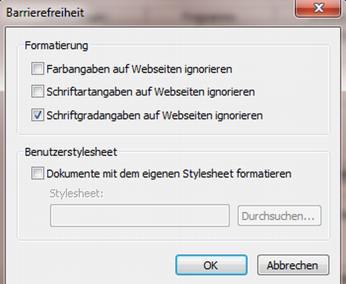 In den Internetoptionen zur Barrierefreiheit werden die Schriftartangaben auf Websites ignoriert
