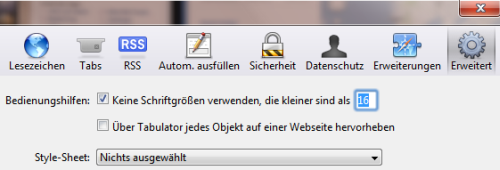 Bei den Bedienungshilfen werden keine Schriftgrößen angezeigt, die kleiner als 16px sind