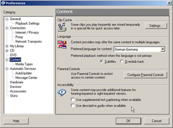Ansicht der Einstellungen für mehrsprachige Tonspuren im RealPlayer 10