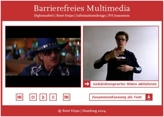Ansicht der Gebärdensprache: Diese wird in einem separaten Fenster links neben dem eigentlichen Film dargestellt
